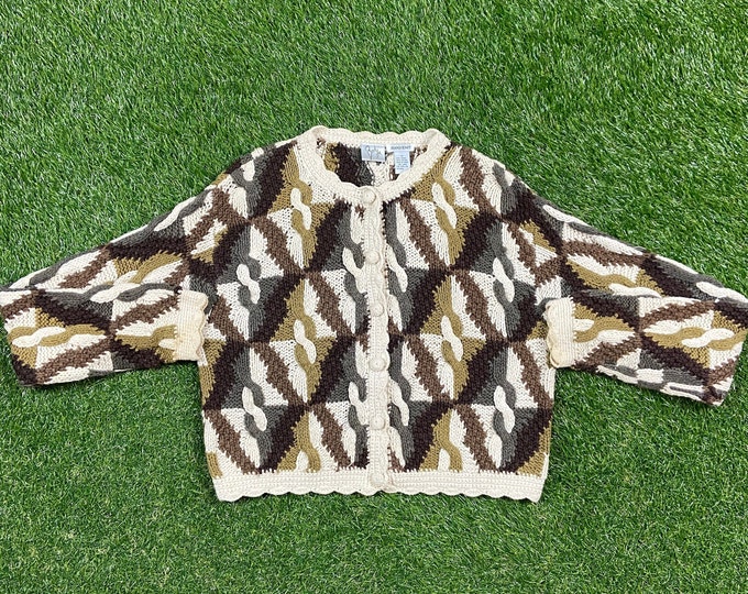 Vintage Badge Brown Cardigan Sweater Size Medium M 1980s 80s Comfy Button Down Warm