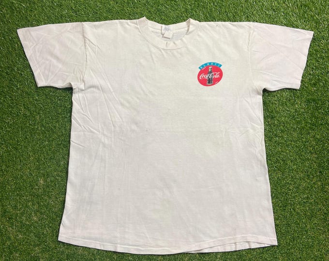Vintage Rare Coca Cola Coke T Shirt Tee Size Large L NFL Football Classic Cola Soda Pepsi Soft Drink Pop 1990s 90s