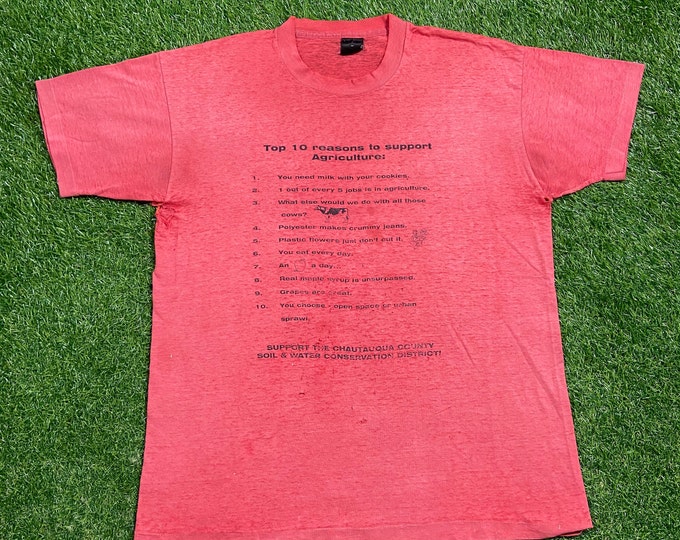 Vintage Top Ten Reasons to Support Agriculture T Shirt Tee Large L John Deere Farm Homestead Agricultural Manufacturer 1980s 80s Paper Thin