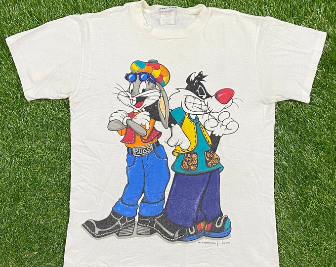 Vintage Looney Tunes Bugs Bunny Sylvester the Cat T Shirt Tee Made USA Size Small S Cartoon Warner Bros Space Jam Hippie Hippy 1990s 90s