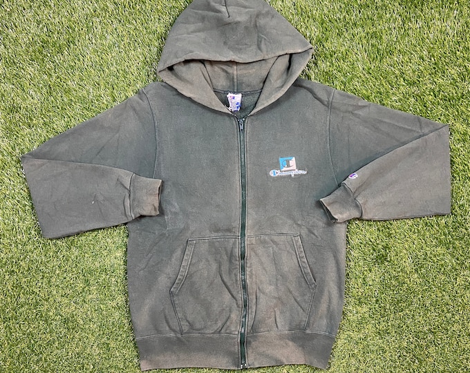 Vintage Plain Green Champion Zip Up Hoodie Sweatshirt Size Medium M Quality 1990's Oversized Comfy Great Fit Made USA Original 90s