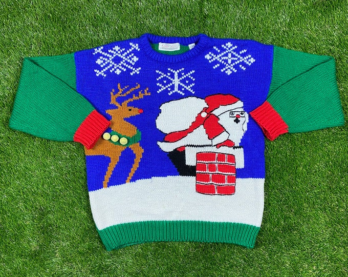 Ugly Santa Christmas Sweater Vintage Tacky Holiday Party Merry Santa Classic Large Xmas 90s 80s Knit Chimney