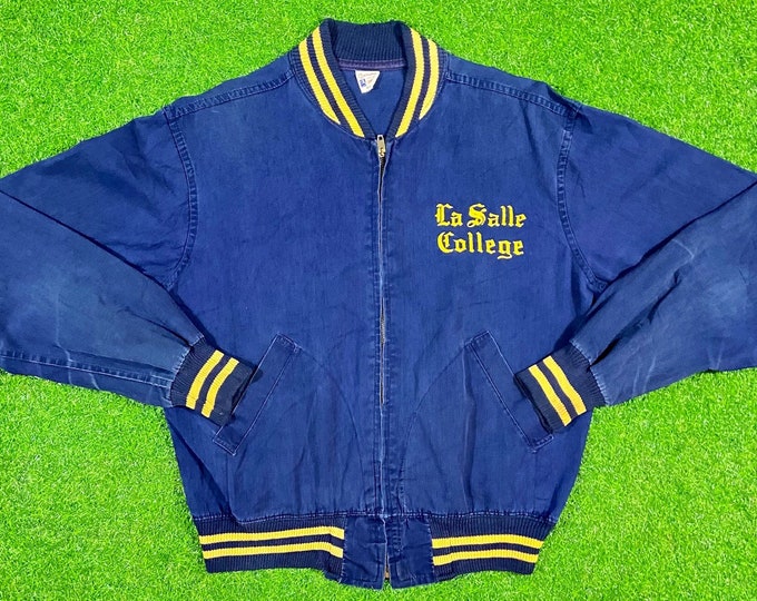Vintage La Salle College Zip Up Bomber Jacket Champion Medium Philadelphia Pennsylvania Catholic University 1960s 60s Running Man