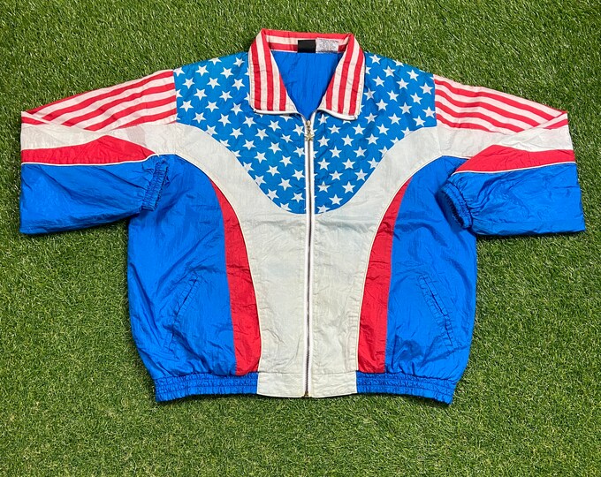 Vintage United States of America Windbreaker Zip Up Jacket Size L Multicolor Streetwear Sport Active Wear USA Classic Light Rain Coat 1990s