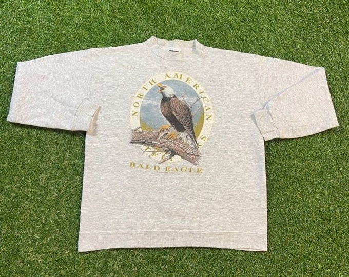 Vintage North American Bald Eagle Crewneck Sweatshirt Size Large L Rare 1990s 90s Animals Warm Habitat All Over Print Art Cool Quality