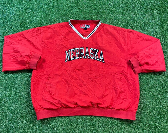 Vintage University of Nebraska Huskers Jacket Pro Player Size XXL 2XL NCAA College Football Pull Over Windbreak Light Rain Coat 1990s 90s