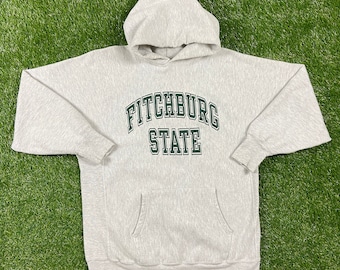 Vintage Fitchburg State University Felpa con cappuccio Campione Reverse Weave Made USA Size XXL 2XL Massachusetts Pull OverSize Warm