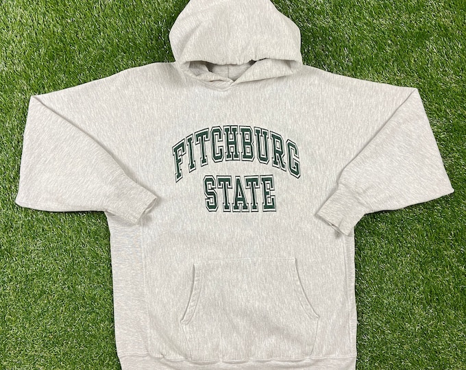 Vintage Fitchburg State University Hoodie Sweatshirt Champion Reverse Weave Made USA Size XXL 2XL Massachusetts Pull Over Oversized Warm