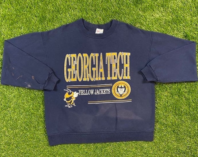 Vintage Georgia Tech Crewneck Sweatshirt Hanes Made USA Size Xtra Large XL Atlanta Yellow Jackets NCAA College Basketball Classic Pull Over
