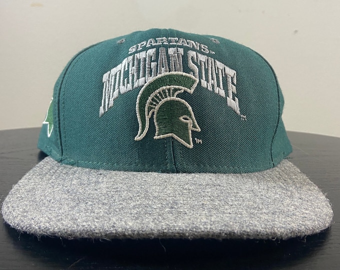 Vintage University of Michigan State Spartans Snapback Hat Nutmeg Mills Made USA OSFA NCAA College Basketball Detroit 1980's 80's Classic