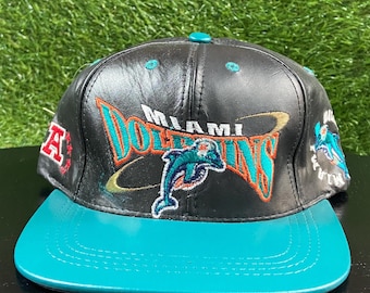 Vintage Miami Dolphins Strap Back Hat Pro Elite Made USA OSFA NFL Football Florida 1990s 90s Leather