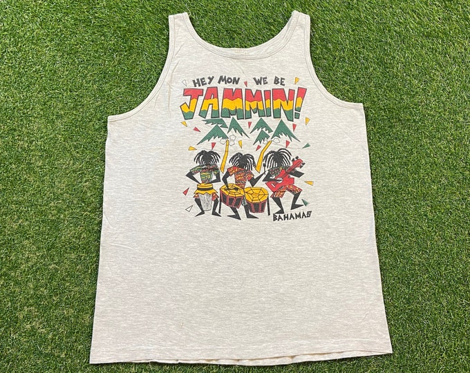 Vintage Bahamas We Be Jammin Tank Top Shirt Size Small S Caribbean Island Palm Trees Tropical All Over Print 1990s 90s