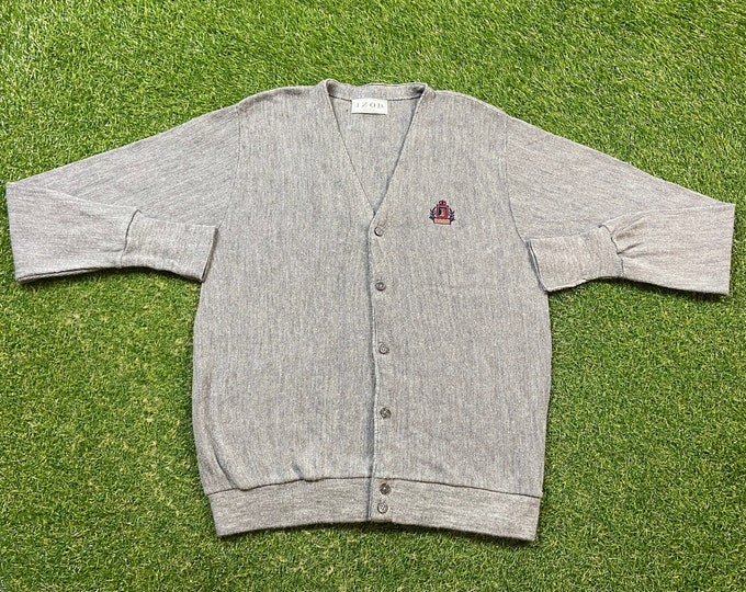 Vintage Izod Cardigan Sweater Made USA Size Large L Gray 1980s 80s Designer Paris Streetwear Comfy Button Down