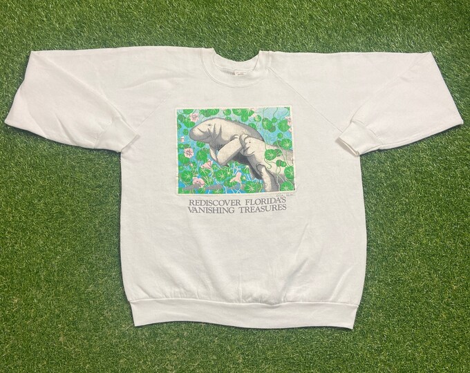 Vintage Manatees Crewneck Sweatshirt Made USA Size XL Florida Sea Cow Sea Life Sea World Planet Ocean 1990s 90s All Over Pull Over