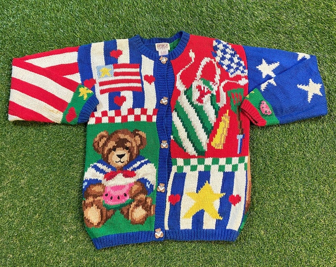 Vintage Teddy Bear Cardigan Sweater PBJ Sport Size Medium M Bear Comfy Warm Button Down Hand Knit Handmade