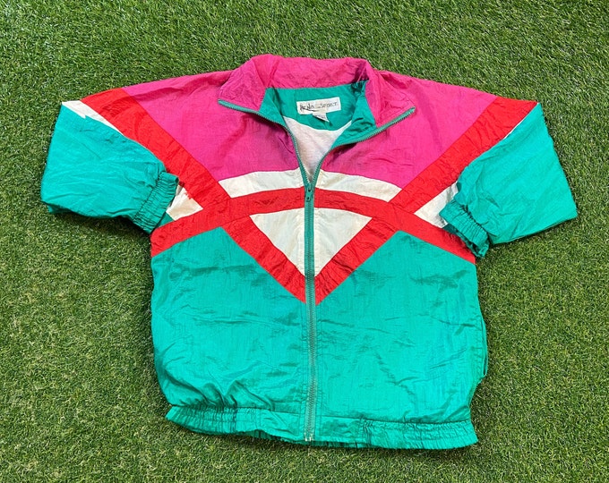 Vintage Graphic Windbreaker Zip Up Jacket Reno Sport Size Medium M Multicolor Streetwear Sport Active Wear Classic Light Rain Coat 1990s