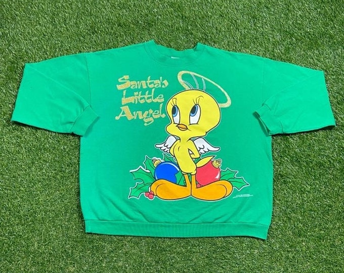 Vintage Tweety Bird Christmas Crewneck Sweatshirt Xtra Large XL Looney Tunes XMAS Warner Bros Bugs Bunny 1990s 90s Pull Over Oversized Cute