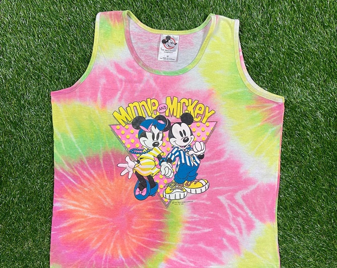 Vintage Mickey and Minnie Mouse Tye Dye Tank Top T Shirt Tee Made USA Size Medium Walt Disney World Magic Kingdom Orlando Florida 1990s 90s
