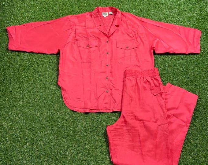 Vintage Pink Set Button Down Shirt Pants Leslie Fay Options Size Large L Beach Wacky Fun Art Original Classic Party Festival Pop 1990s 90s