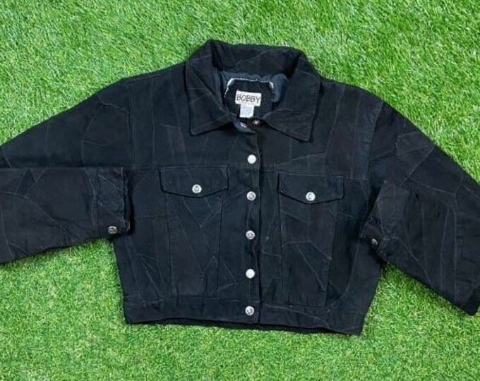 Vintage Black Crop Jacket Size Large L Classic Button Down 1990s 90s