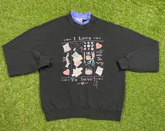 Sudadera vintage "I Love to Sew" con cuello redondo, diseño "Morning Sun", fabricada en EE. UU., talla grande (L), calidad de los años 90, cómoda, con un ajuste perfecto, estilo original de los 90.