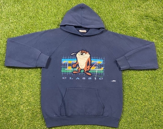 Vintage Looney Tunes Taz Hoodie Sweatshirt USA Large L Cartoon Tazmanian Devil Warner Bros Bugs Bunny Space Jam 1990s 90s Distressed