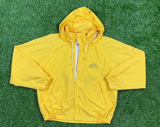 Vintage Nautica Windbreaker Hoodie Jacket Size Medium M Yacht Sailing 90s Light Rain Coat Yellow 1990s