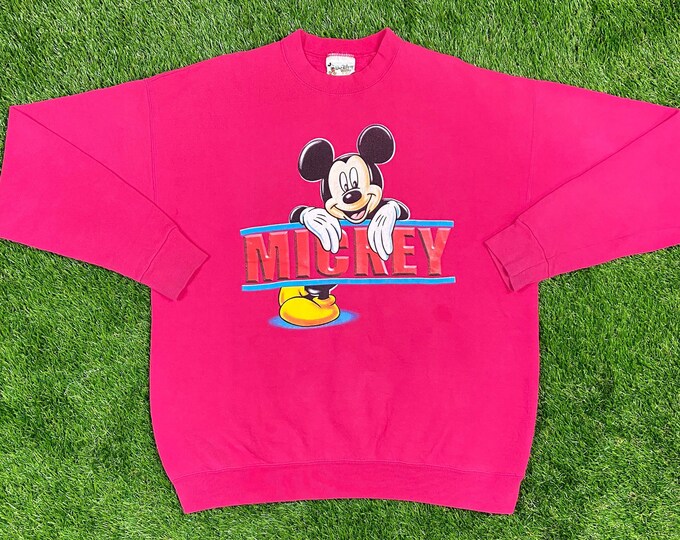 Vintage Mickey Mouse Crewneck Sweatshirt 1990s Walt Disney World Classic One Size XXL Oversized Rare 90s Made in USA Pink Sweater