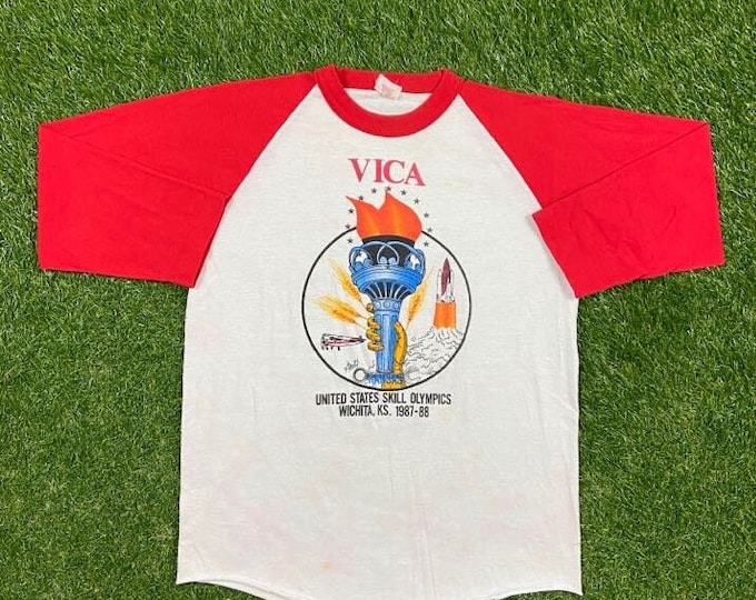 Vintage Vica United States Skill Olympics T Shirt Tee Alore Made USA Size Medium M Wichita Kansas 1980s 80s Raglan 88