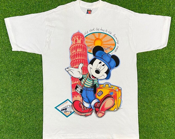 Vintage Disney Mickey Mouse "We Took The Bus To The Leaning Tower" Tee T Shirt 1990s Walt Disney World Unlimited OSFA Made USA 90s Italy
