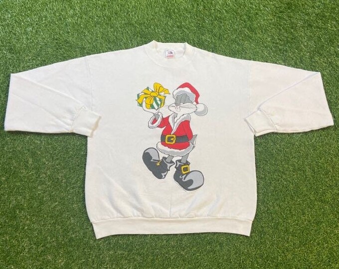 Vintage Bugs Bunny Christmas Crewneck Sweatshirt Made USA Size Xtra Large XL Looney Tunes Cartoon Taz Warner Bros Space Jam Santa Claus 90s