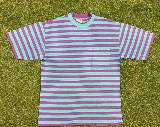 Vintage Striped Cool Pattern Pocket T Shirt Emerald Club Size Large L Paper Thin 1970s 70s