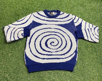 Vintage Blue Knitted Crewneck Sweater Made USA Size Medium M Quality Warm Winter Fashion Cool Pattern Pull Over Oversized 1980s 80s