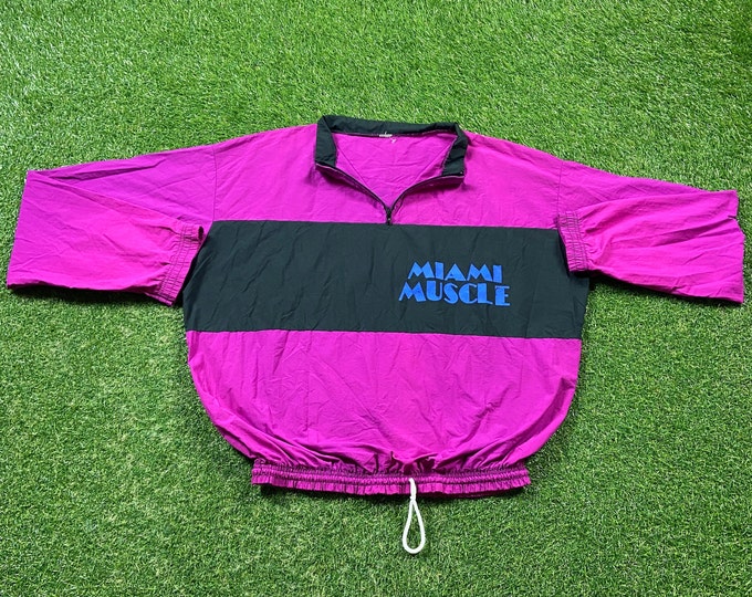 Vintage Miami Muscle Pull Over Windbreaker Jacket XXL XL Florida Fitness Club Classic Gym Workout Exercise Weights No Gain Weightlifting