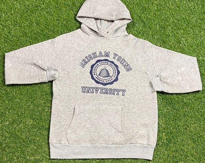 Vintage Brigham Young University Hoodie Sweatshirt Made USA Size Youth Large NCAA College Basketball BYU Utah Pull Over Oversized 1990s 90s