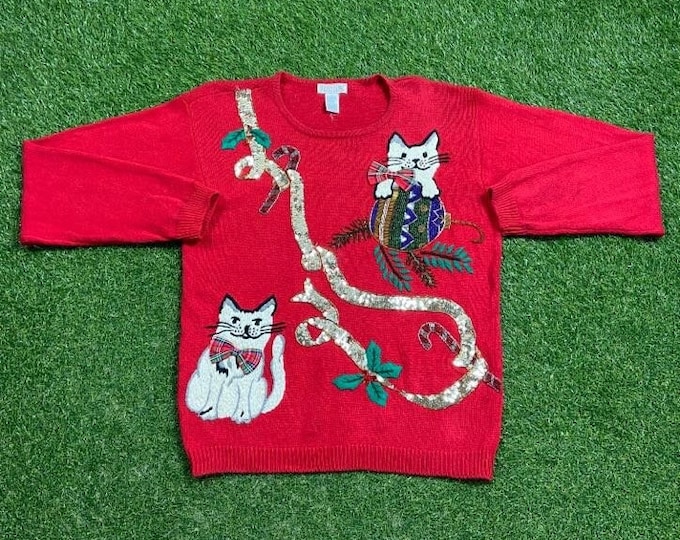 Ugly Christmas Crewneck Sweater Vintage Tacky Holiday Party Merry Santa Claus Classic Holidays Size Large Xmas Classic Knit Cats Ornaments