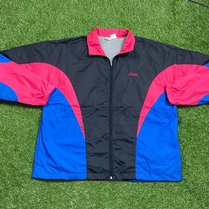 May include: A black, blue, and pink windbreaker jacket with a zipper closure and the word "ASICS" printed on the front.