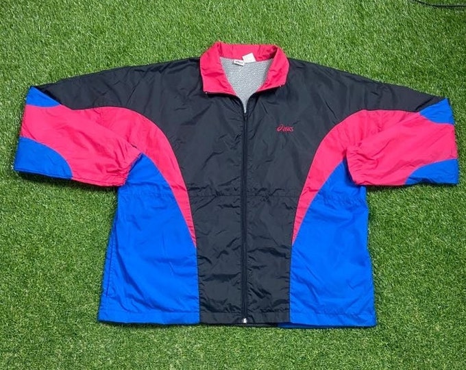Vintage Graphic Windbreaker Zip Up Jacket ASICS Size Xtra Large XL Multicolor Streetwear Sport Active Wear Classic Light Rain Coat 1990s