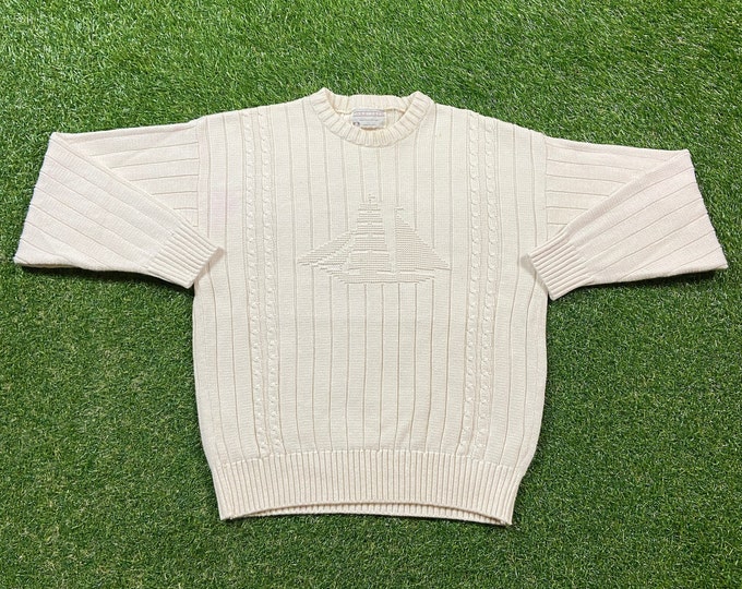 Vintage Beige Knitted Crewneck Sweater Lord Jeff Made USA Size Large L Quality Warm Winter Fashion Pull Over Oversized