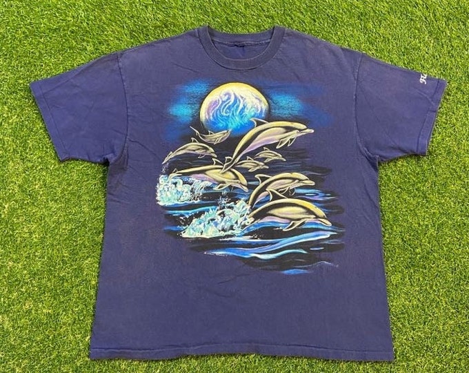 Vintage Dolphins T Shirt Tee Size Large L Florida FL Sea Life Planet Ocean Animals Habitat All Over Print Cool 1990s 90s