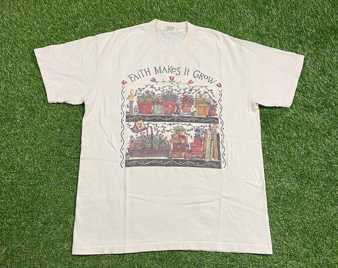 Vintage Faith Makes it Grow T Shirt Tee Size Medium M Natural Garden Seeds Flowers Sun Bees Caterpillars Butterflies Nature Plants 1990s 90s