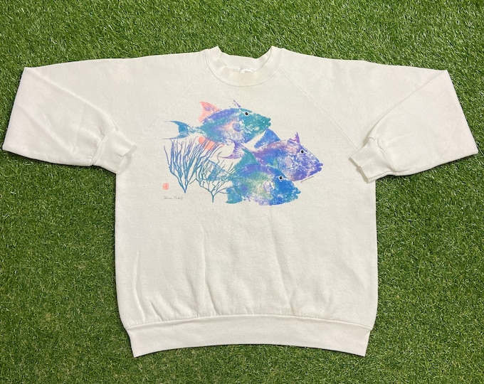 Vintage School of Fish Crewneck Sweatshirt Made USA Size Large L Planet Ocean Sea Life Finding Nemo 1990s 90s Pull Over Oversized