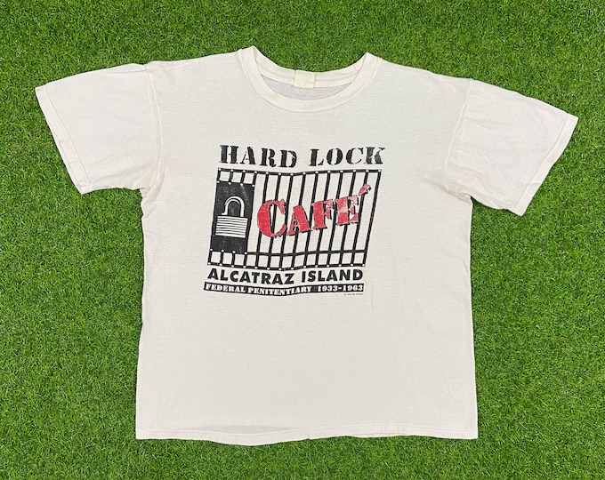 Vintage Hard Lock CAFE shirt Alcatraz Island 80s Graphic Shirt 1980s Worn distressed Prison San Francisco California Small Medium Funny