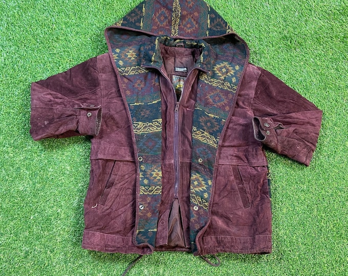 Vintage Adventure Bound Jacket Wilson Size Small S Classic Zip Up Hood Coat Quality 1980s 80s Leather with Oversized hood