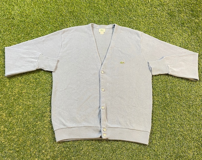 Vintage Lacoste Izod Cardigan Sweater Made USA Size Large L Blue 1980s 80s Crocodile Designer Paris Streetwear Comfy Button Down