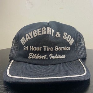 Vintage Mayberry & Son 24 Hour Tire Service Snapback Hat Made USA OSFA Elkhart Indiana NASCAR Daytona 500 Racing All Over