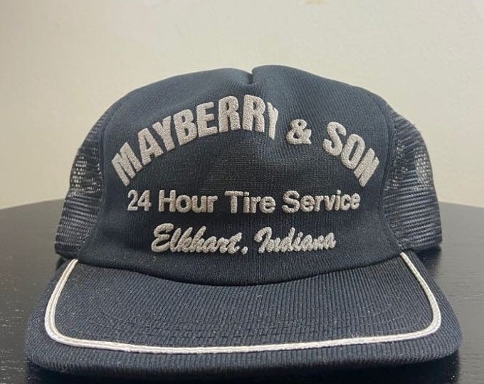 Vintage Mayberry & Son 24 Hour Tire Service Snapback Hat Made USA OSFA Elkhart Indiana NASCAR Daytona 500 Racing All Over