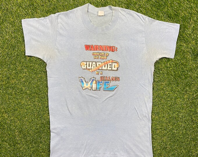 Vintage Guarded by a Jealous Wife T Shirt Tee Size Medium M Funny Saying Comical T Shirt Comedy 1980s 80s