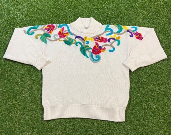 Vintage Beige Knitted Crewneck Sweater Maurada Size Large L Quality Cool Pattern Warm Winter Fashion Pull Over Oversized 1980s 80s