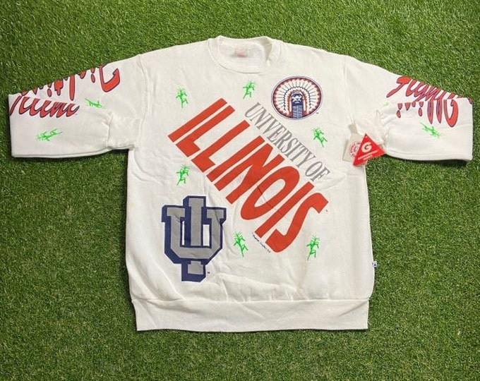 Vintage University of Illinois Crewneck Sweatshirt Made USA Size XL NCAA College Basketball Fighting Illini Classic Chief Pull Over 90s